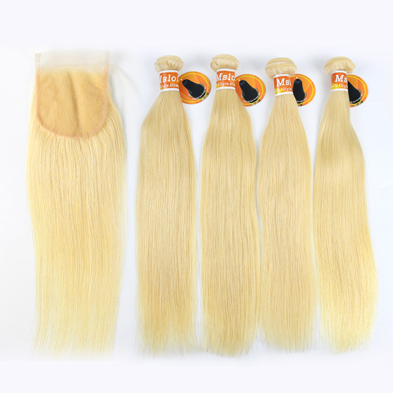 Blonde #613 European Raw Hair 4X4 Lace Closure With Hair Bundle Straight