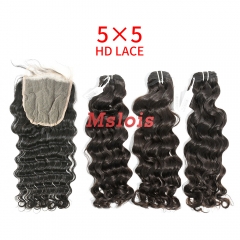 HD Lace Virgin Human Hair Bundle with 5X5 Closure Indian Wave