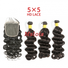 HD Lace Raw Human Hair Bundle with 5×5 Closure Ocean Wave