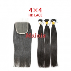 HD Lace Raw Human Hair Bundle with 4×4 Closure Straight