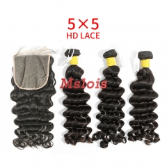 HD Lace Raw Human Hair Bundle with 5×5 Closure Deep Wave