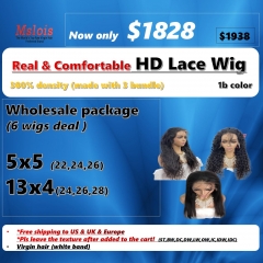 Free shipping 300% 6pcs Real &comfortable HD wigs wholesale package (5x5 HD closure wig +13x4 HD frontal