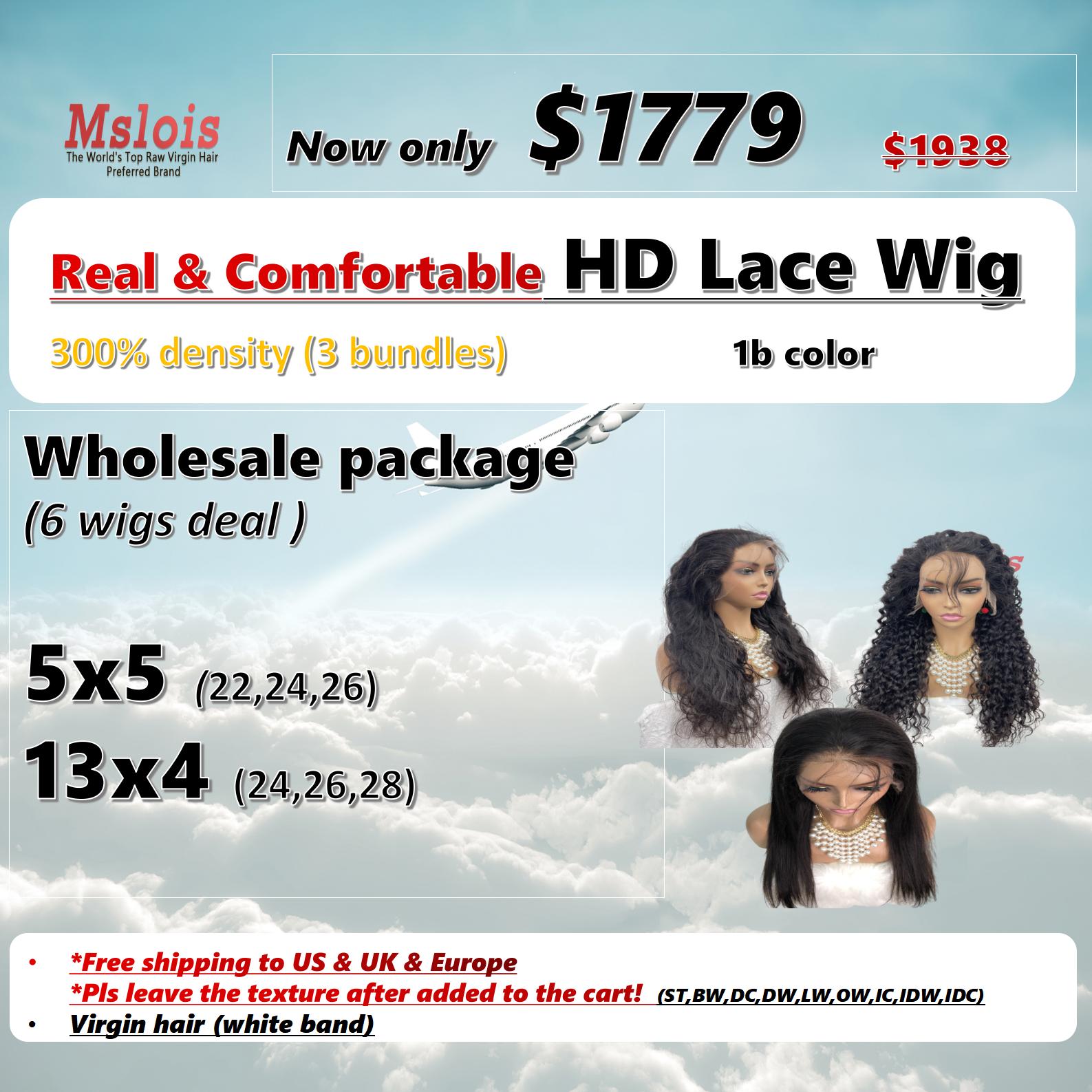 Free shipping Real & Comfortable HD wigs Wholesale Package 300% 6pcs (5x5 closure wig+13x4 frontal wig)