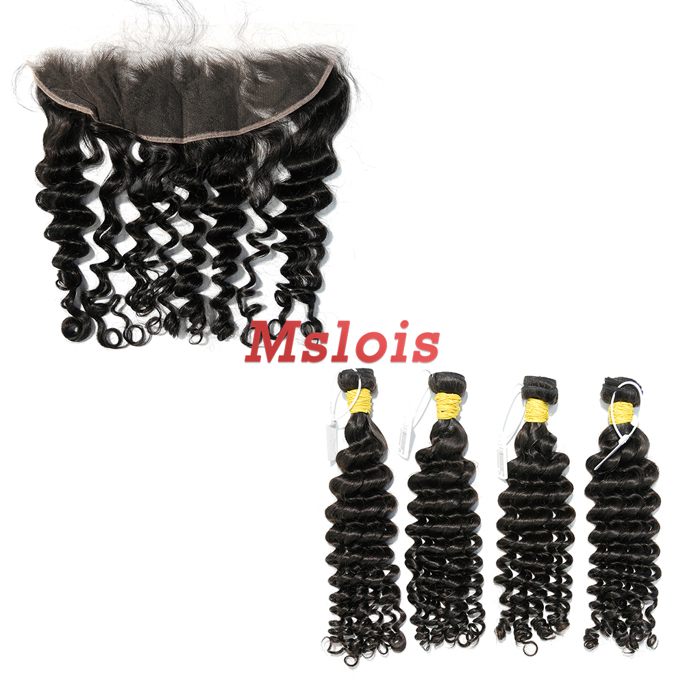 #1b Brazilian Raw Human Hair Weft with 13×4 Frontal Deep Wave
